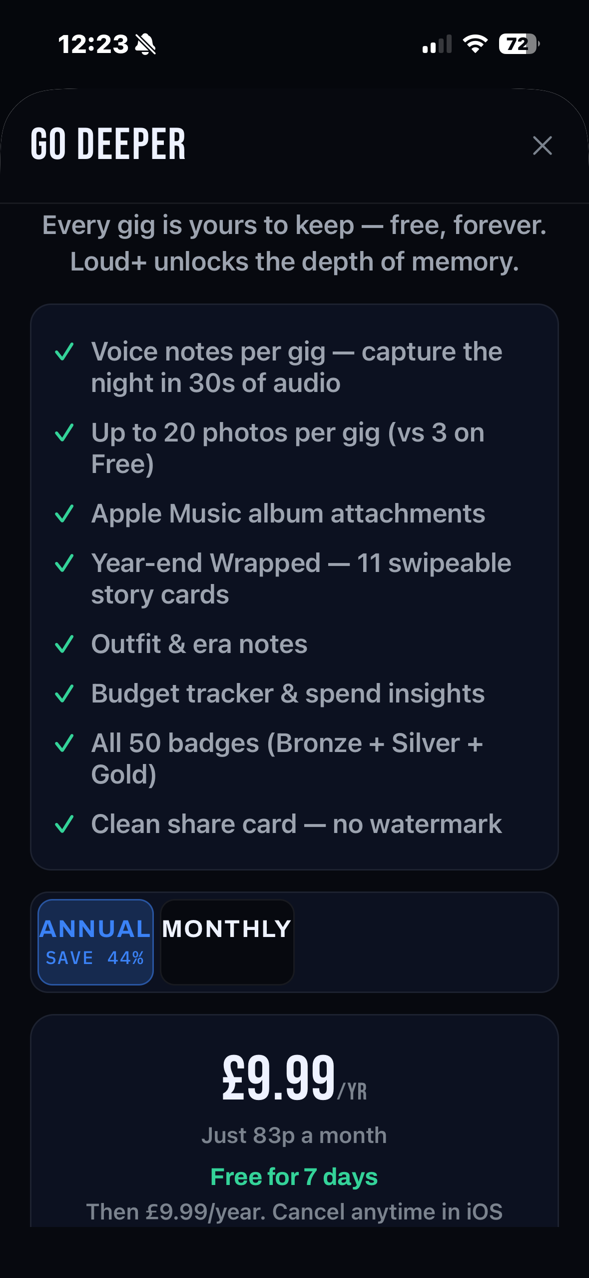 Loud paywall screenshot showing Plus features